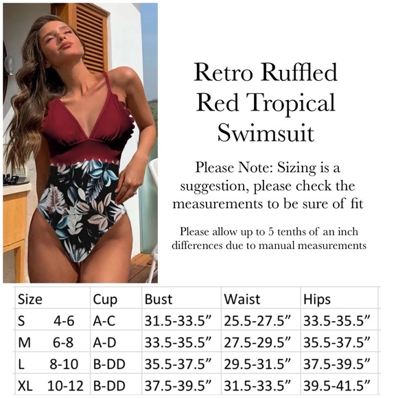 Sexy Ruffled Low Cut Red Tropical Push Up Swimsuit - Picture 16 of 16